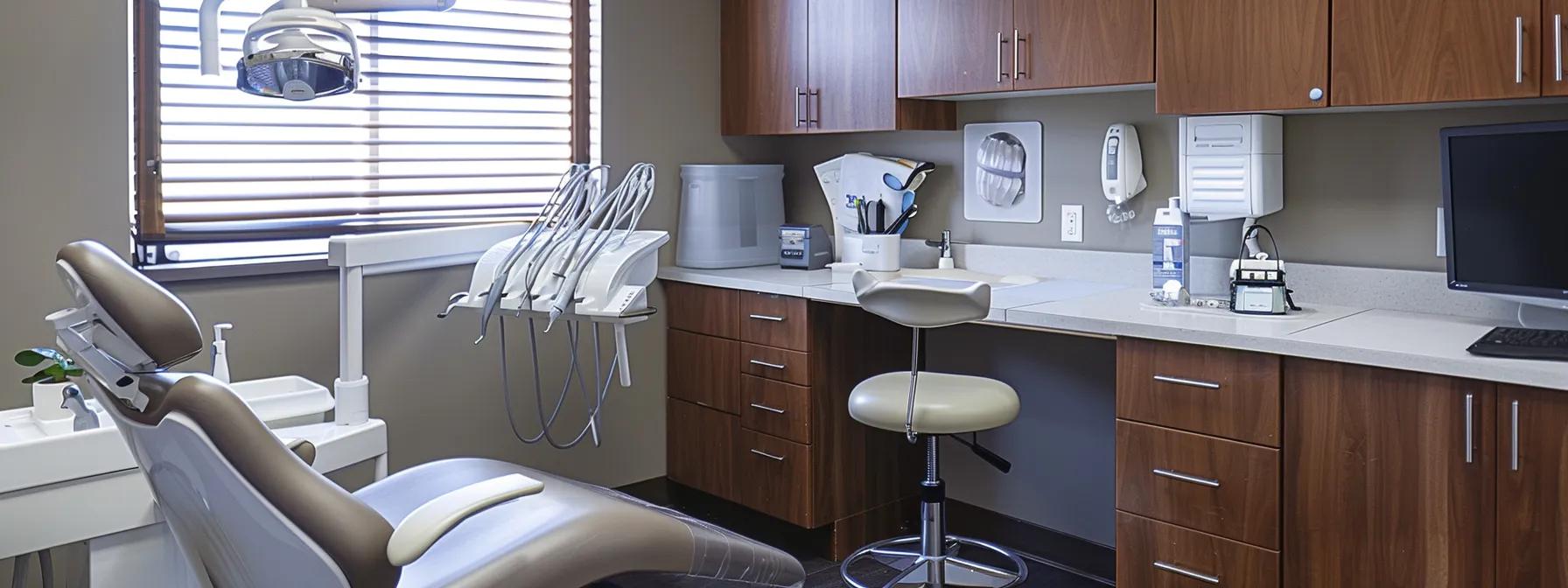 a well-organized and modern home office setup, featuring a sleek desk with a dental care kit prominently displayed, conveying a sense of professionalism and readiness to manage emergency dental care confidently.